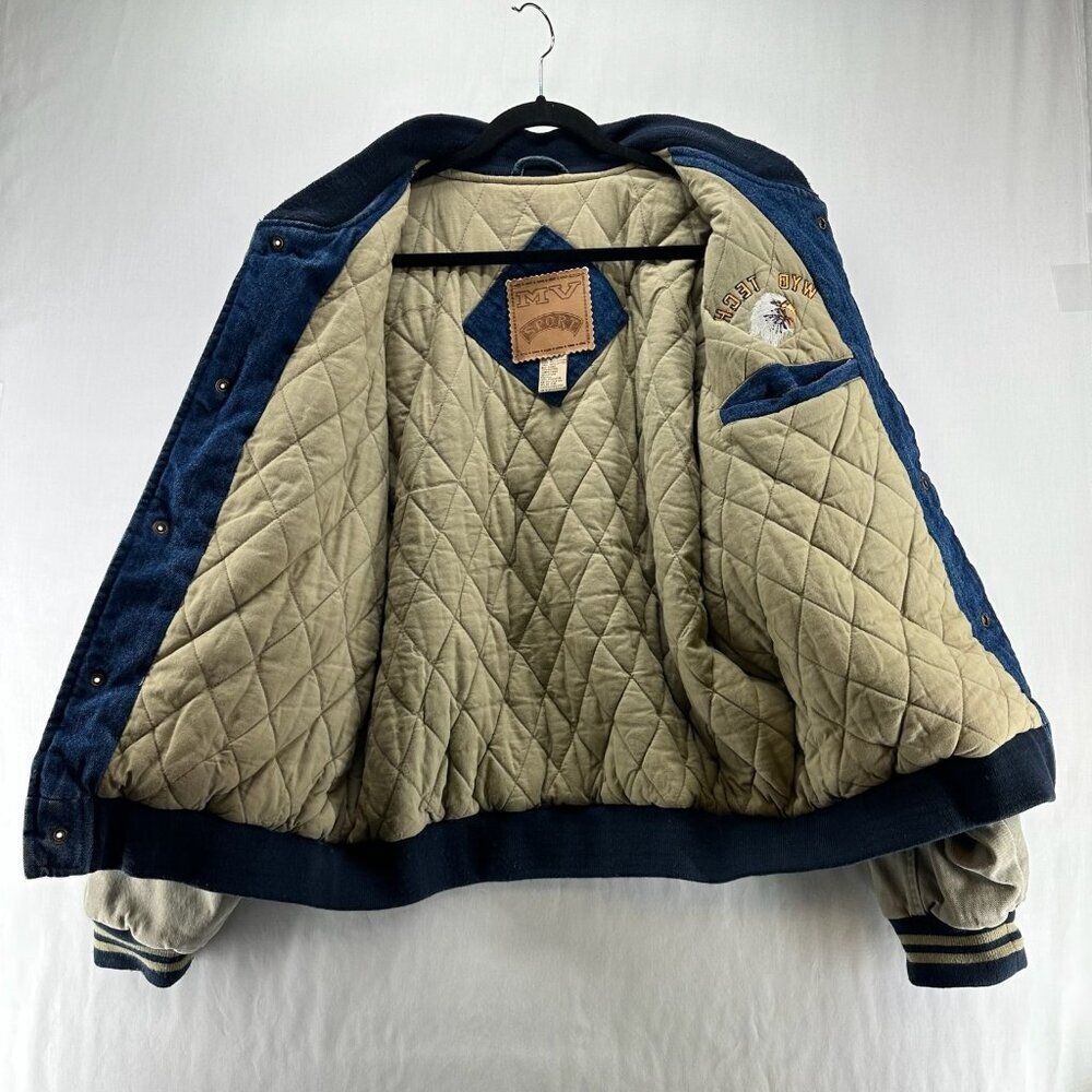 Vintage MV Sport MID TECH Eagle Denim Varsity Jacket Men Sz L Quilted Lined Blue - Picture 3 of 11